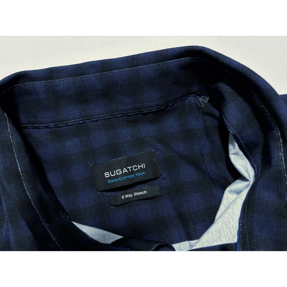 Bugatchi Shirt OoohCotton Tech 8 Way Stretch Button Up Blue Gingham Check Men XL - Picture 3 of 15